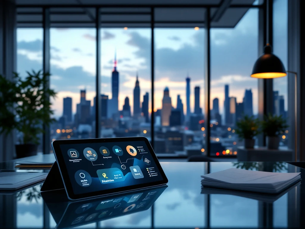 Professioneel bureau met tablet waarop bedrijfssectorsymbolen, visitekaartje en halfopen aktetas bij panoramisch raam met uitzicht op stedelijke skyline in warm ochtendlicht.