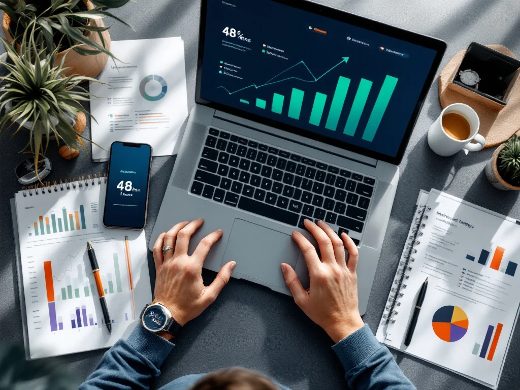 Professioneel bureau met laptop die marketinggrafieken toont, smartphone, horloge met "48 uur" en deels voltooid strategiedocument in moderne kantooromgeving.