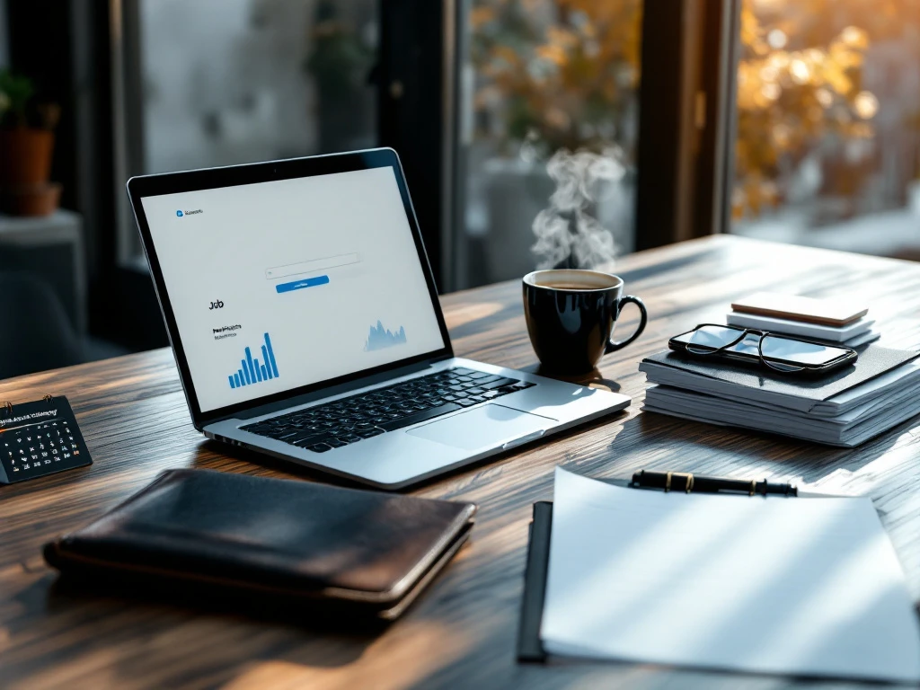 Professionele werkruimte met laptop op banenzoeksite, smartphone met marketinganalyses, visitekaartjes en leren portfolio in warm natuurlijk licht.