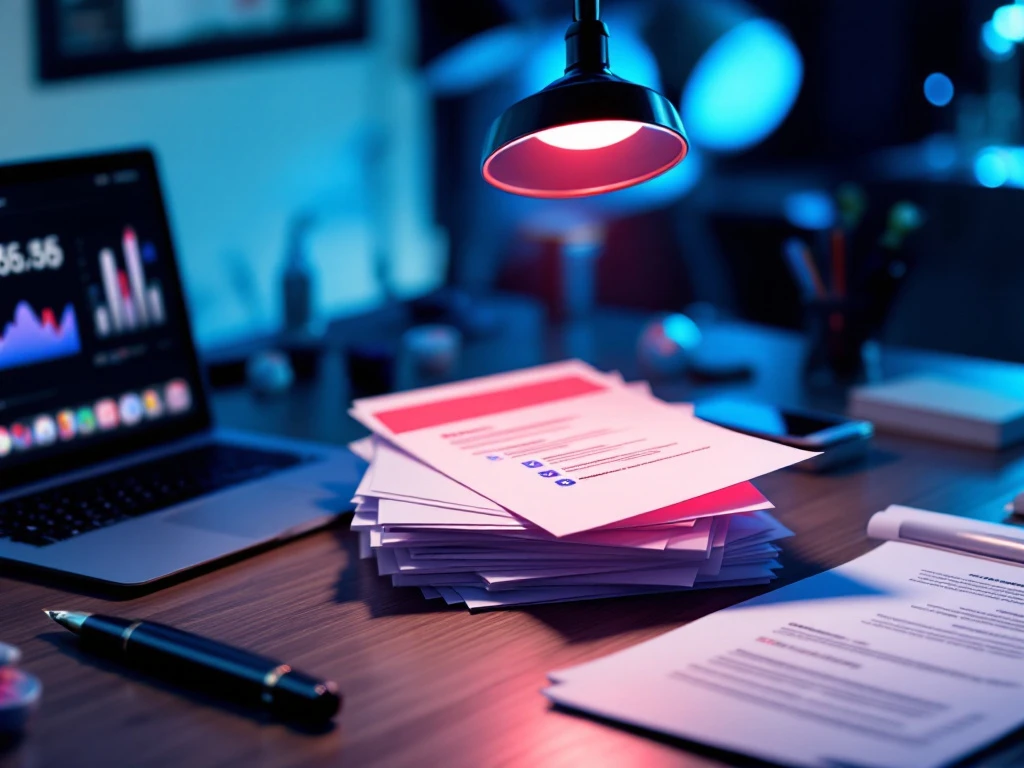 Opvallend rood cv tussen witte documenten onder een vergrootglas, omringd door laptop met grafieken, glazen sociale media-iconen en pen in blauwe kantooromgeving.
