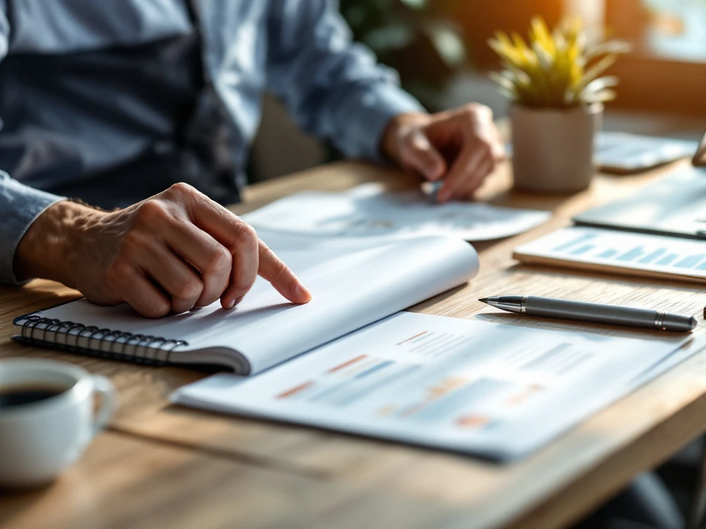 Professionele werkruimte met sollicitatieportfolio en zeven gestructureerde documenten. Laptop en marketingplan op bureau met WerfSelect huisstijlkleuren.
