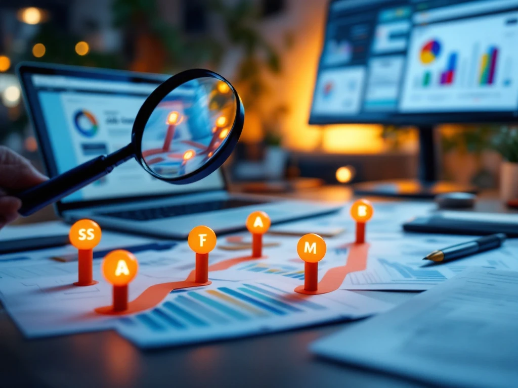 Professionele werkplek met laptop tonend vacaturewebsite, marketingmaterialen, en loopbaandocumenten onder vergrootglas. Strategische paden visualiseren succesvol zoeken naar werk.