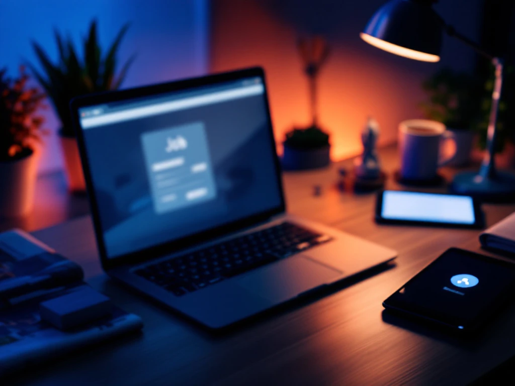 Professioneel bureau met verborgen sollicitatiebronnen: laptop, vakblad, netwerkuitnodiging, visitekaarthouder, portfolio en tablet in een modern werkruimte met blauw-oranje verlichting.