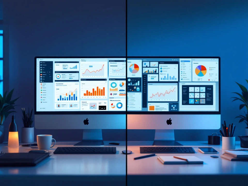 Vergelijking werkruimtes: e-commerce manager met verkoopdashboards links; online marketeer met sociale media-analytics rechts. Moderne kantooropstellingen in blauwe verlichting.