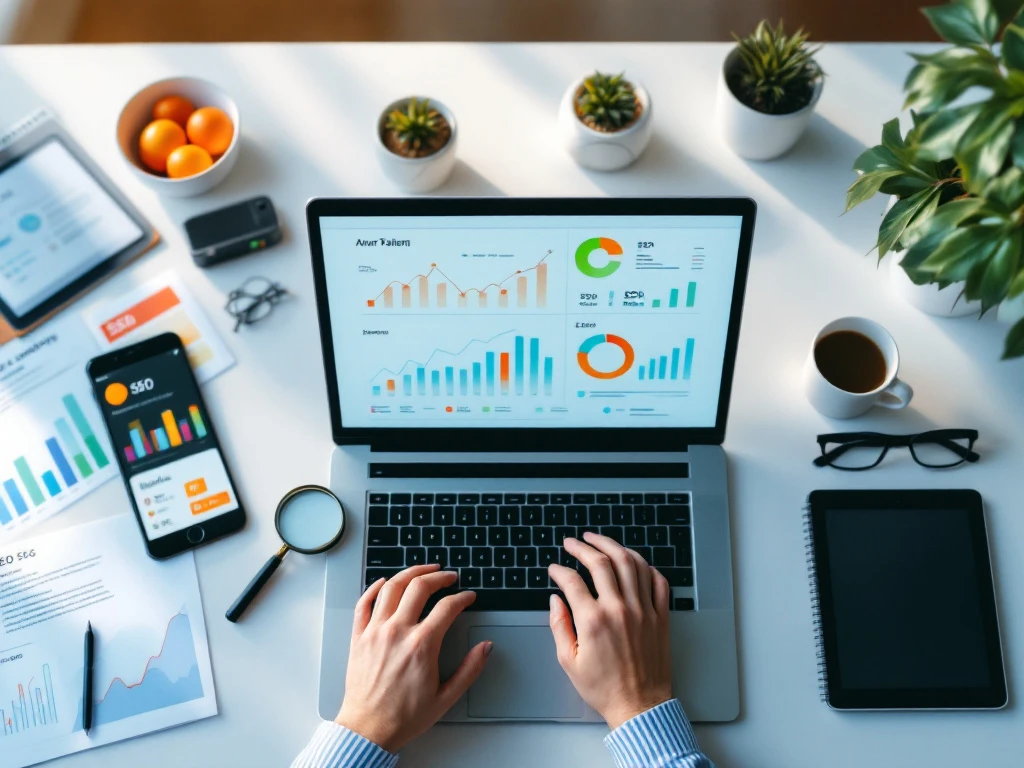 Professioneel bureau met laptop toonende marketinganalyses, handen typen, omringd door smartphone, tablet en vergrootglas voor werving en selectie.