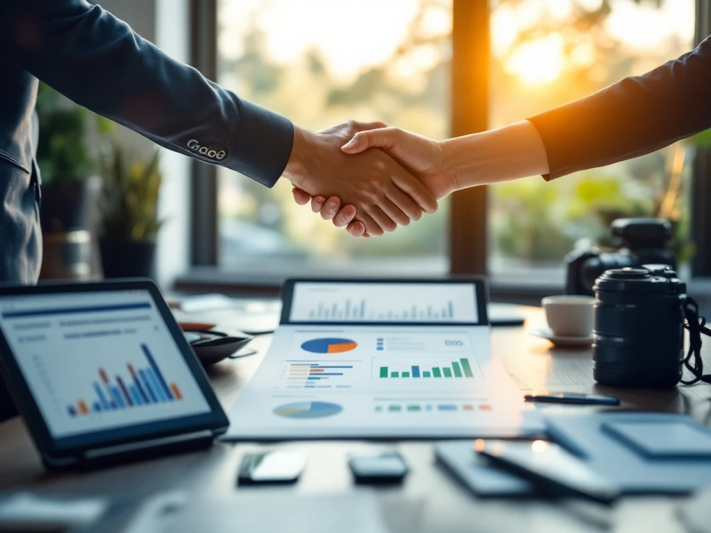 Professioneel bureau met marketingstrategiedocument, omringd door tablet, social media iconen en camera. Twee handen schudden elkaar als teken van succesvolle werving.