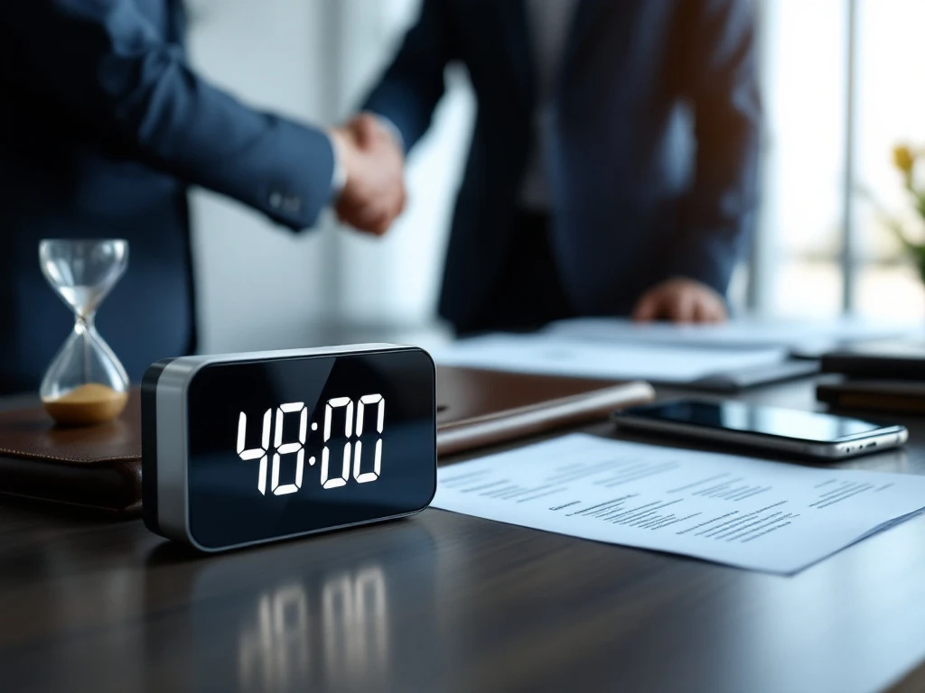 Modern bureau met digitale klok "48:00", leren portfolio met cv's, smartphone met agenda-notificatie, twee professionals die handen schudden en een subtiele zandloper.