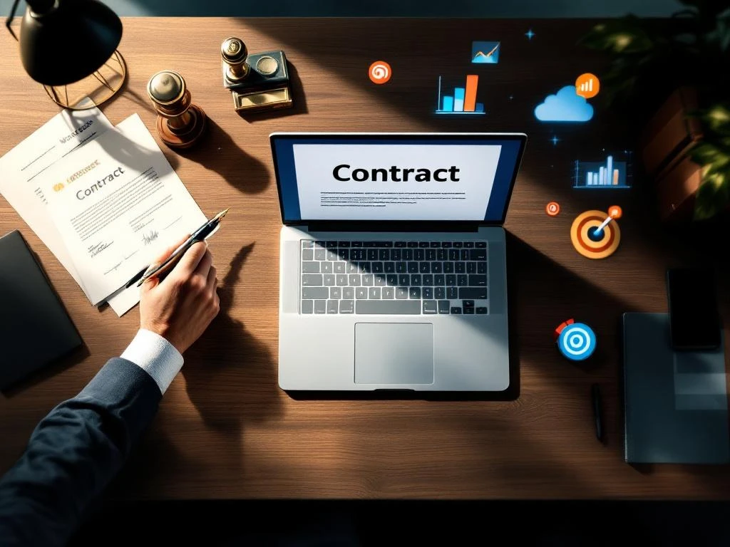 Laptop met contractdocument op modern bureau, omringd door handtekeningen, pen en zakelijke marketingelementen