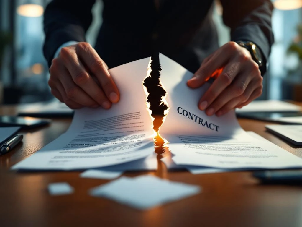 Zakenman scheurt formeel contract doormidden op houten bureau met officiële documenten en pen in modern kantoor