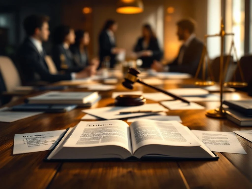 Professionele vergaderruimte met open ethiekhandboek, weegschaal en hamer op houten tafel, zakenpeople op achtergrond