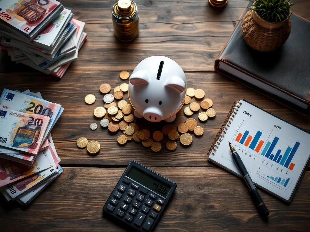Financiële planning bureau met spaarvarken, eurobiljetten, rekenmachine en openstaande planner met grafieken