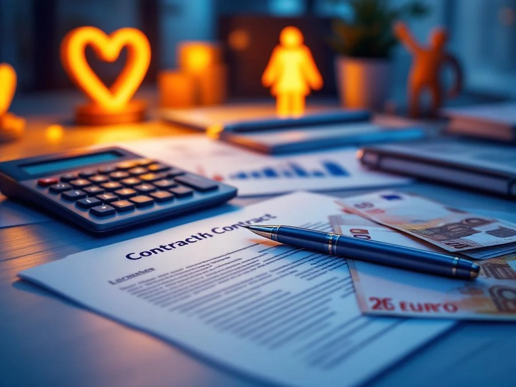 Moderne kantoorbureau met rekenmachine, contractdocumenten en eurobankbiljetten voor financiële planning en consultancy