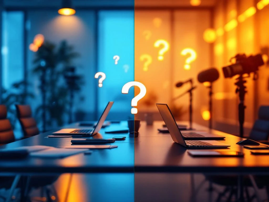 Kantoorvergaderruimte met laptops versus persconferentie met microfoons, gescheiden door vraagtekens voor besluitvorming
