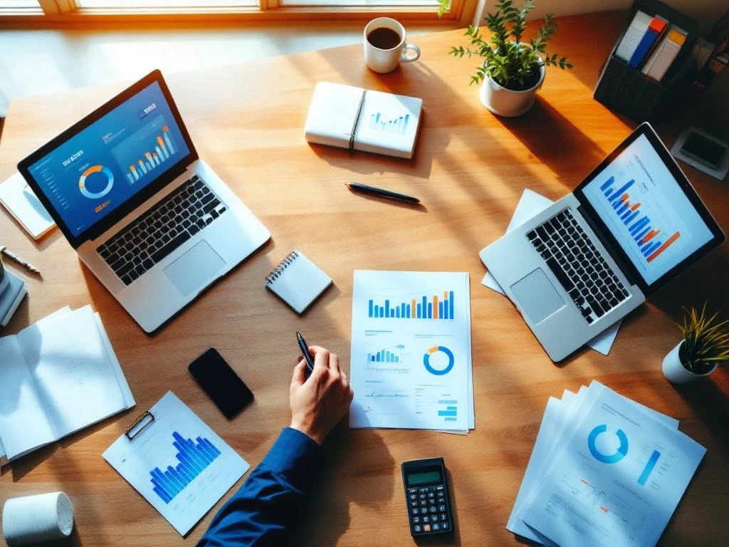 Moderne bureauopstelling van bovenaf met laptops die data-dashboards tonen, financiële rapporten en kantoorbenodigdheden