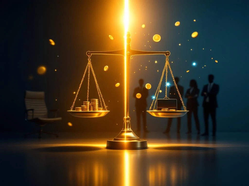 Balansschaal tussen klein kantoor en interim specialisten in pakken, met gouden licht dat kansen en professionele groei symboliseert