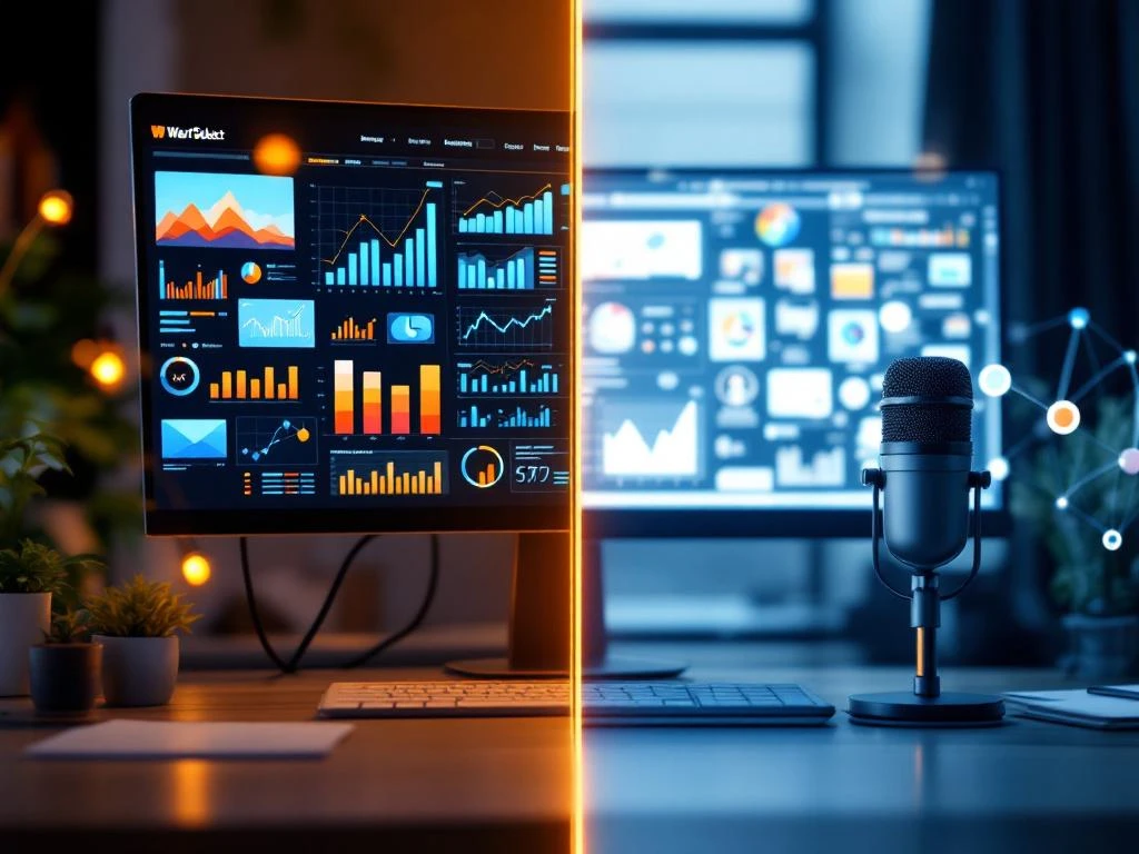 Split-screen weergave van marketinggrafieken en communicatietools die flexibele interim werkrollen bij WerfSelect illustreert