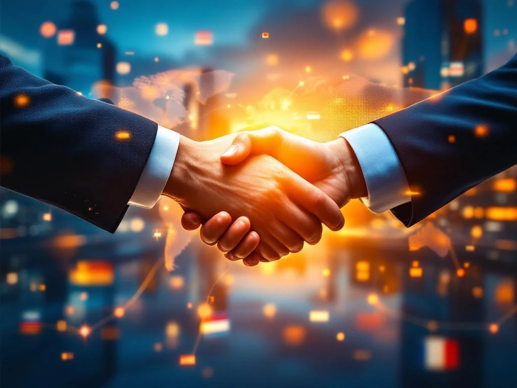 Professionele handdruk over wereldkaart met Nederland gemarkeerd, internationale zakelijke connectiviteit en netwerken