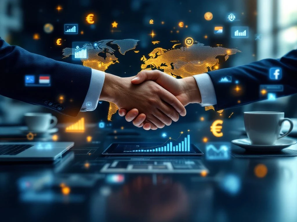 Zakelijke handdruk aan conferentietafel met internationale vlaggen, laptops met marketinggrafieken en digitale analytics-pictogrammen