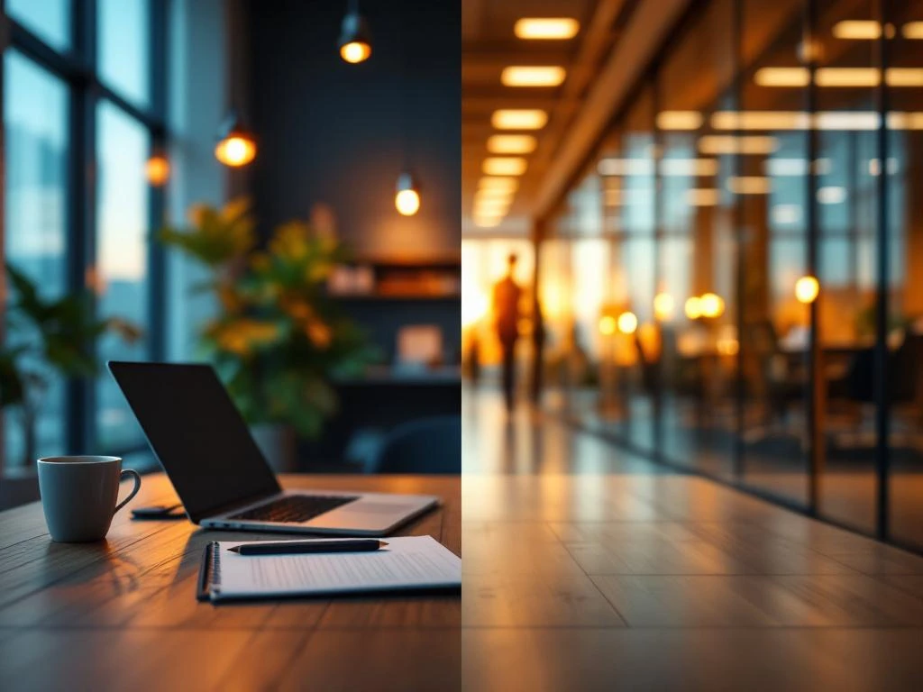 Split-screen werkruimte: journalist met laptop aan houten bureau overgaand naar moderne kantooromgeving met glazen vergaderruimtes
