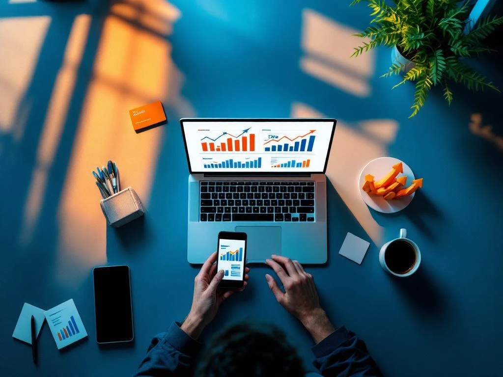 Bovenaanzicht van moderne kantoorwerkplek met laptop met marketinganalyses, smartphone, tablet en zakelijke tools