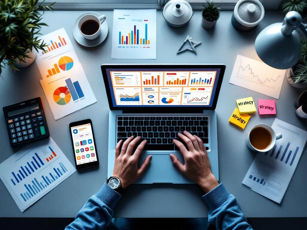 Moderne werkplek met laptop met marketing analytics dashboards, smartphone, grafieken en koffiekop van bovenaf