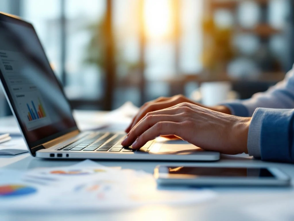 Handen typen op laptop toetsenbord met marketing documenten en grafieken op wit bureau, smartphone met vacatures zichtbaar