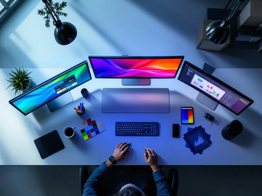 Moderne werkplek met meerdere computerschermen met Adobe Creative Suite software, draadloos toetsenbord en tekentablet