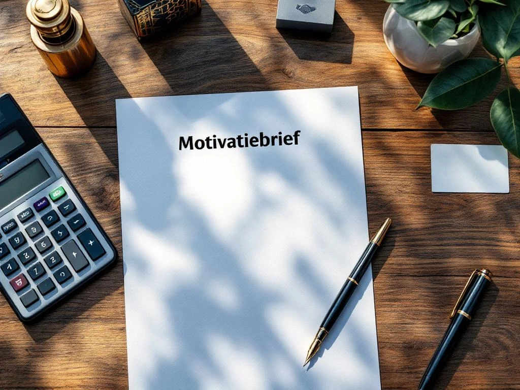 Gouden vulpen op motivatiebrief met rekenmachine en visitekaartjes op houten bureau, professionele sollicitatie setup