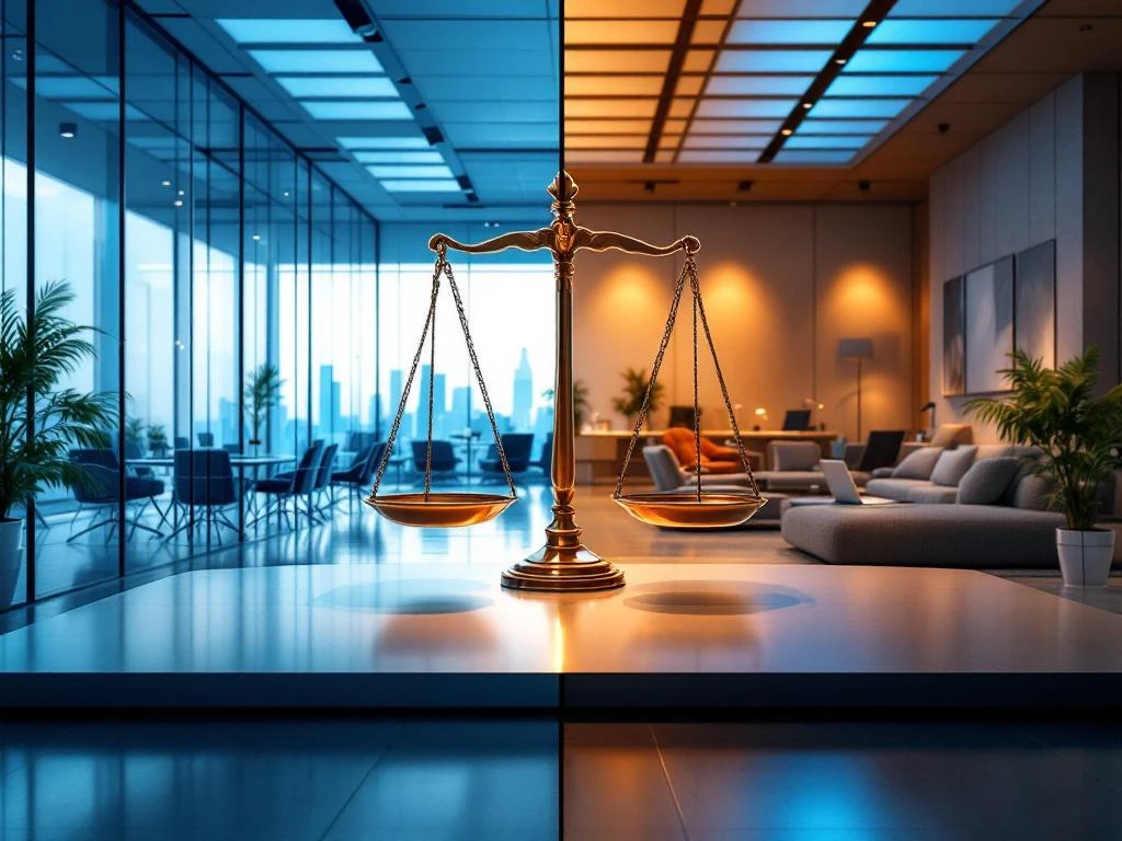 Gesplitst scherm toont traditioneel kantoor versus flexibele coworking ruimte met weegschaal symbool voor carrièrebalans