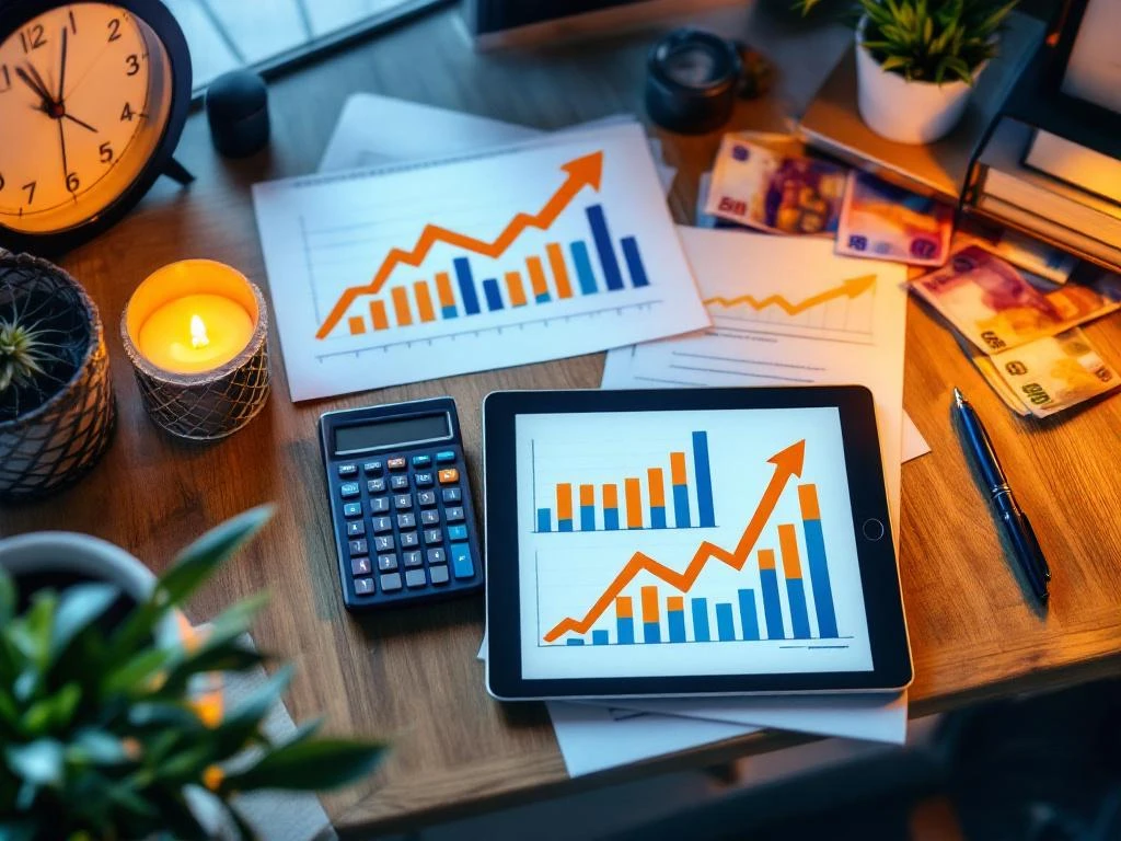 Moderne kantoorbureau van bovenaf met calculator, stijgende financiële grafieken, tablet en euro bankbiljetten