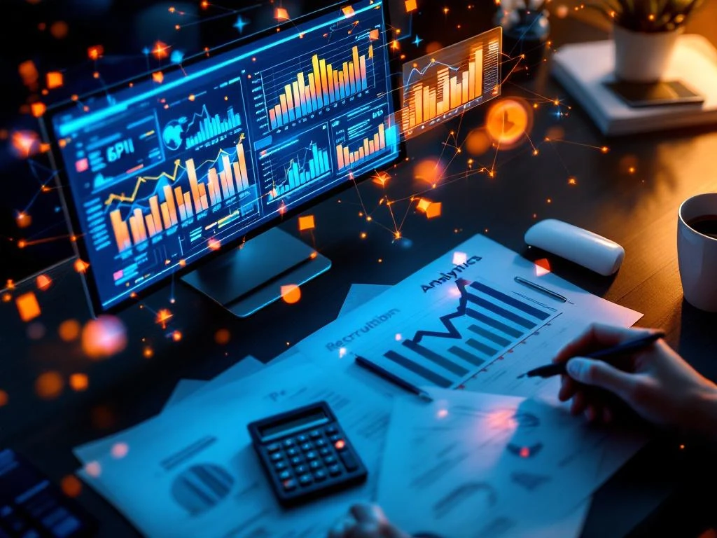 Modern kantoorbureau van bovenaf met digitale KPI-dashboards, holografische datavisualisatie en rekrutteringsanalytics