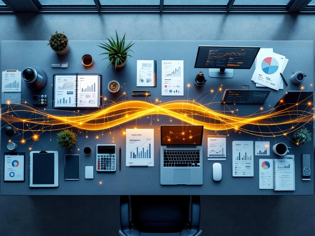 Moderne kantoorbureau met verkoop- en marketingtools verbonden door gouden digitale databrug in luchtfoto