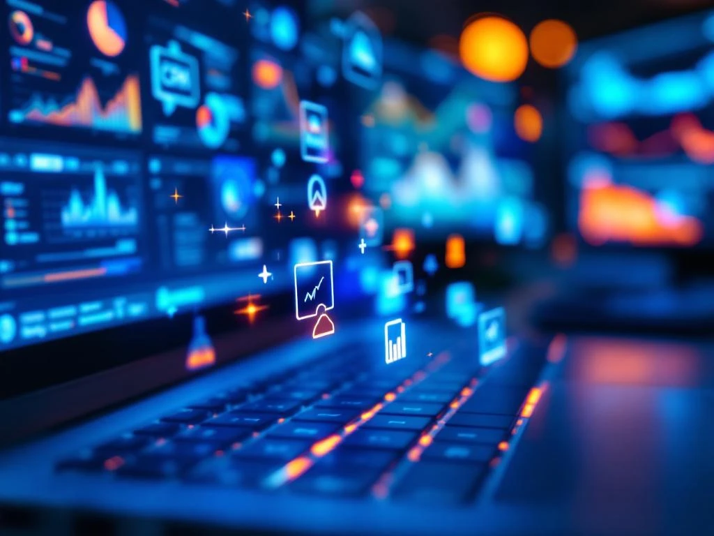 Laptop toetsenbord met zwevende CRM-iconen, verkoopgrafieken en analytics boven toetsen in professionele tech omgeving