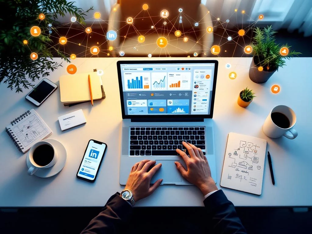 Moderne werkplek met laptop die sociale media analytics toont, smartphone, visitekaartjes en koffie op wit bureau