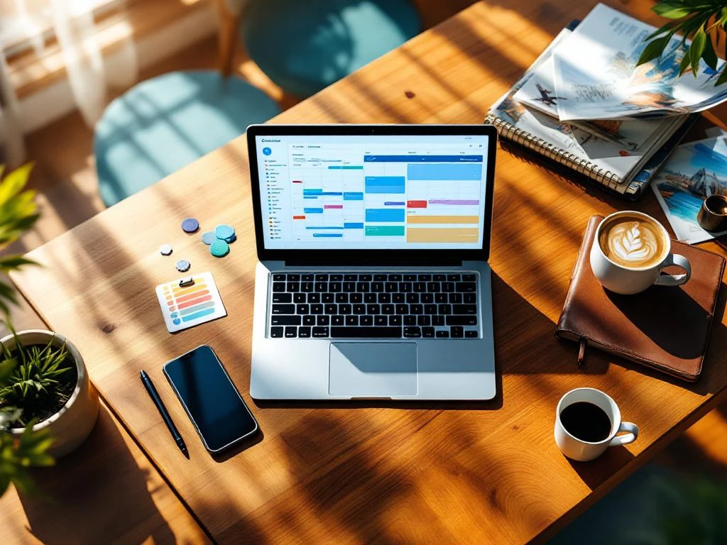Laptop met kleurrijke agenda-interface op houten bureau omringd door smartphone, planner, koffie en reisbrochures