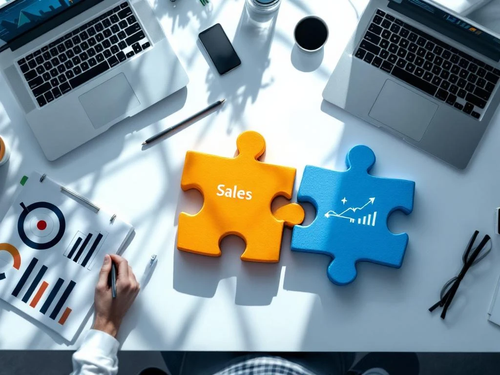 Twee in elkaar grijpende puzzelstukjes in oranje en blauw op modern bureau, symboliserend sales-marketing integratie met laptop