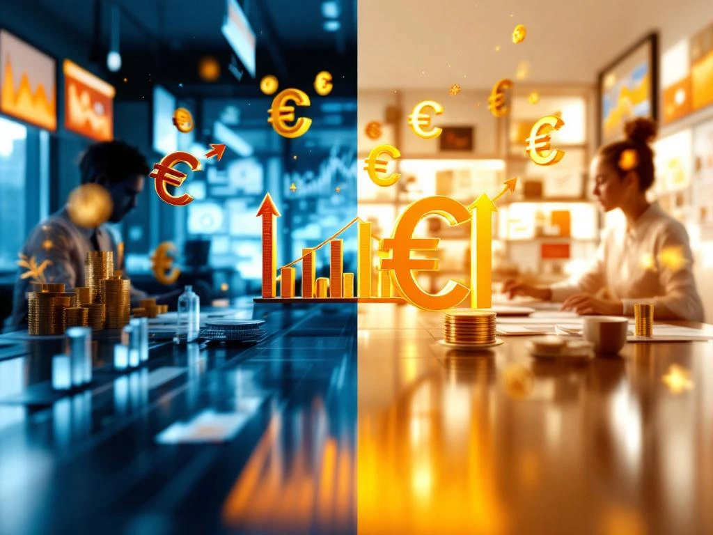 Zakelijke split-screen met verkoopomgeving links en marketingwerkruimte rechts, verbonden door gouden brug met euro-symbolen