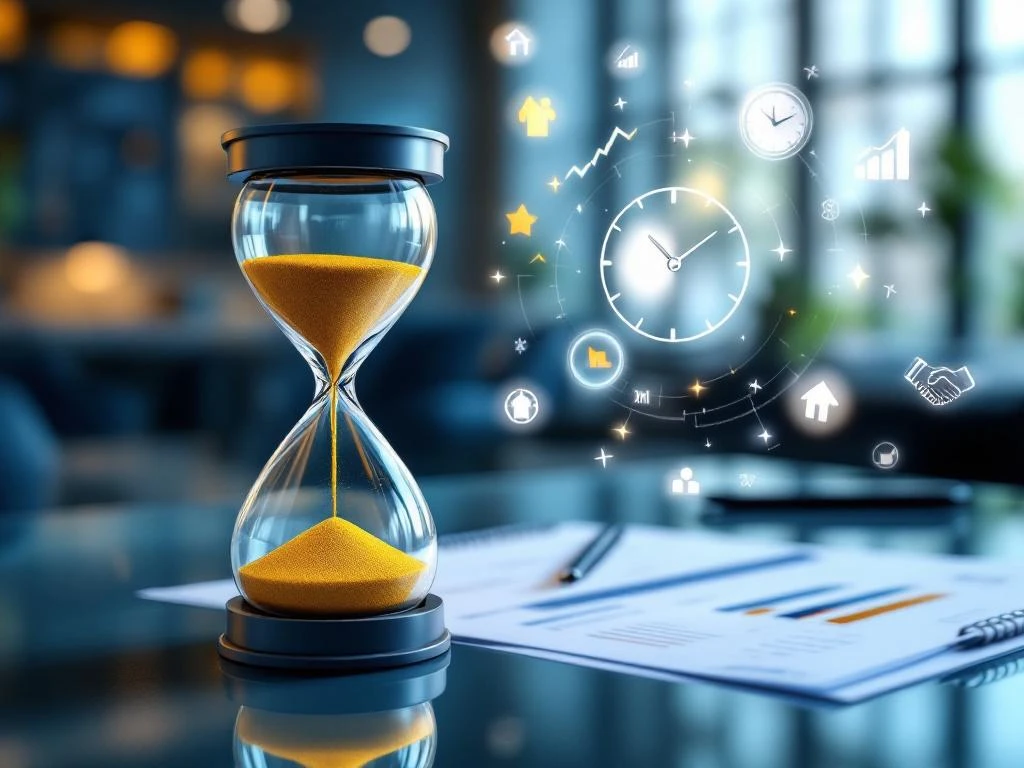Zandloper met gouden zand naast stopwatch op glazen bureau in modern kantoor met sales-iconen en klok