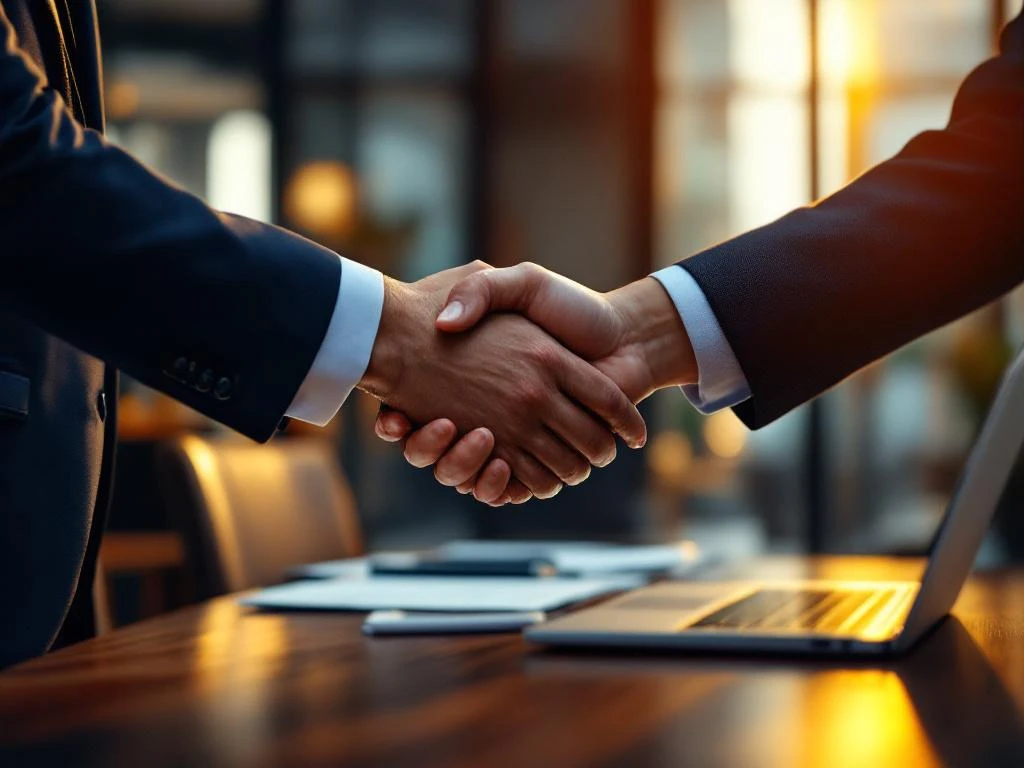 Professionele handdruk tussen twee zakenpartners in modern kantoor met laptop en documenten op tafel