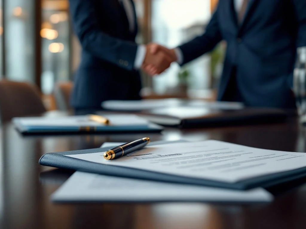 Professionele vergadertafel met leren portfolio, pen en cv-documenten in moderne kantooromgeving met handdruk op achtergrond