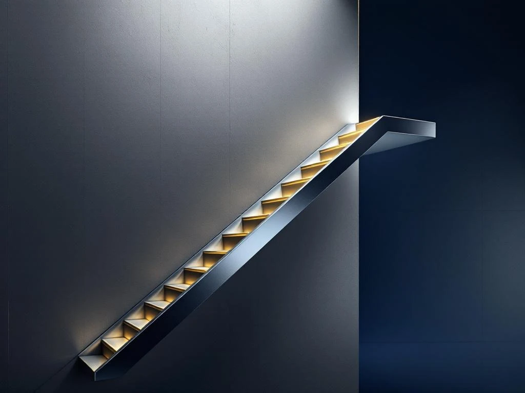 Zakelijke metalen ladder met gepolijste sporten die diagonaal omhoog loopt, symboliseert carrièreontwikkeling en promotie