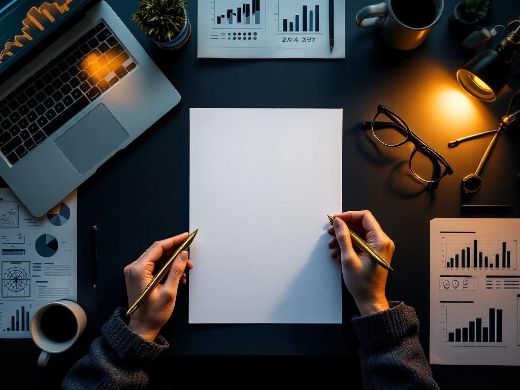 Wit cv-document op moderne werkplek met laptop, marketinggrafieken, gouden pen en leesbril van bovenaf gefotografeerd