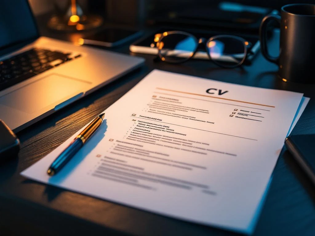 Professioneel CV-document met checkmarks op bureau met pen, bril en laptop in corporate kleuren blauw en goud