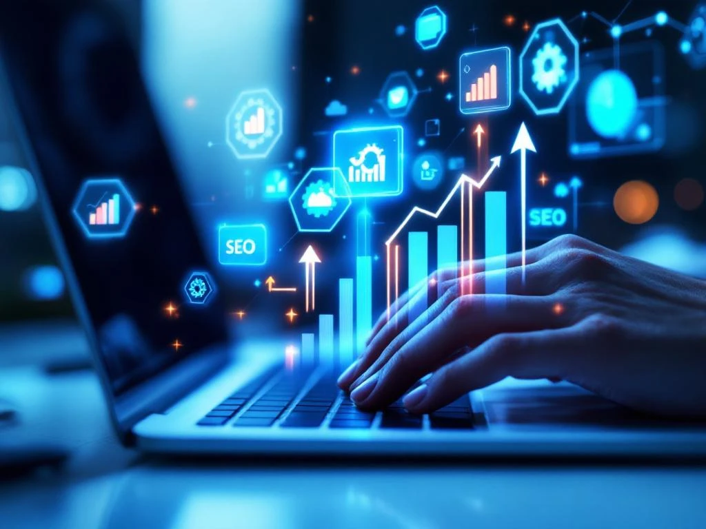 Handen typen op laptop met zwevende digitale marketing iconen, analytics grafieken en groei pijlen in blauwe verlichting