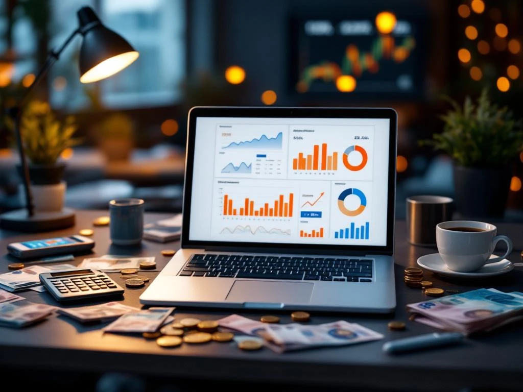 Laptop met digitale marketing analytics dashboards op modern bureau met euro bankbiljetten en munten, calculator en smartphone