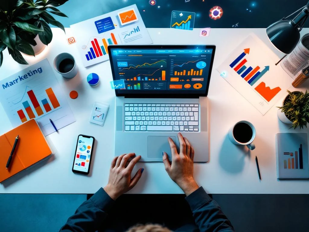 Moderne werkplek van bovenaf met laptop met marketinganalyses, smartphone, rapporten en koffie op wit bureau