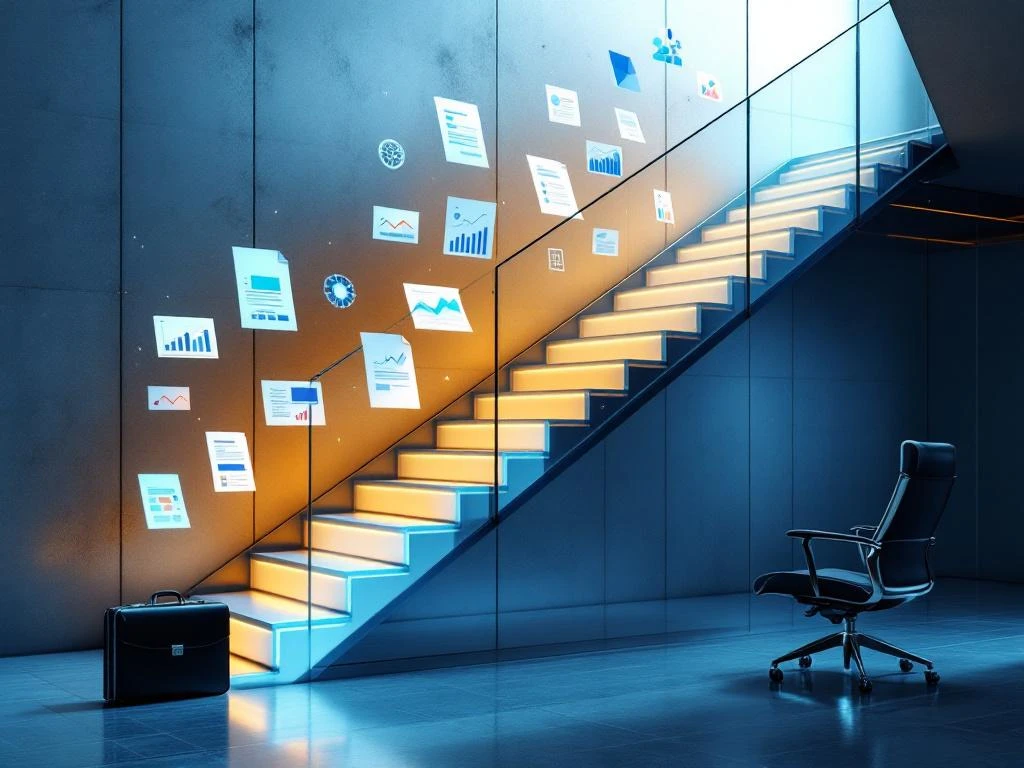 Glazen trap in modern kantoor met zwevende marketingdocumenten, van basis tot executive niveau, symboliseert carrièregroei