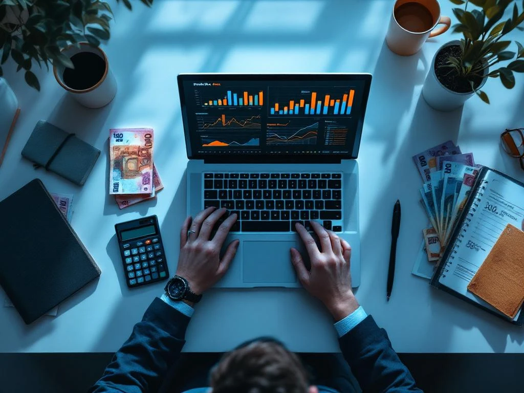 Marketingmanager bureau met laptop met salarisgrafiek, eurobiljetten, rekenmachine en kantoorbenodigdheden op wit bureau