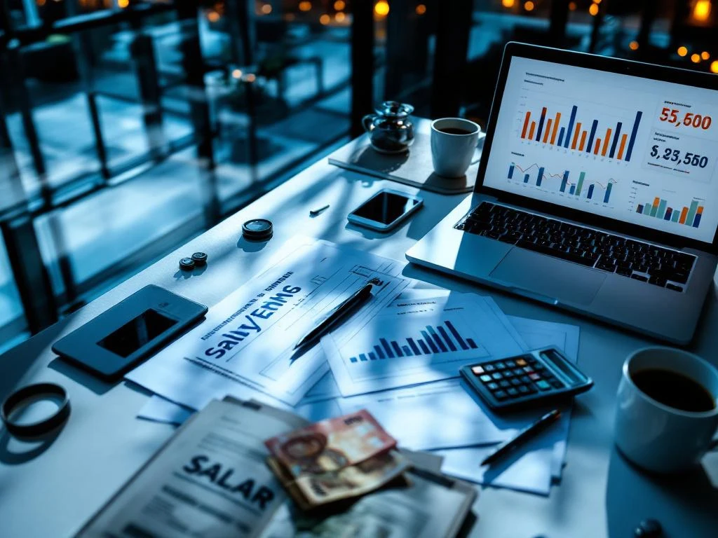 Marketingmanager werkplek van bovenaf met salarisdocumenten, euro bankbiljetten, laptop met analytics en calculator op bureau