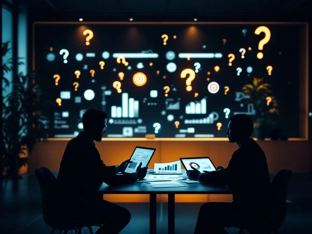 Twee professionals in gesprek aan vergadertafel met marketingdocumenten, laptop en analytics dashboards in modern kantoor